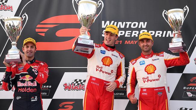 DJR Team Penske’s Scott McLaughlin and Fabian Coulthard on the podium at Winton in May.
