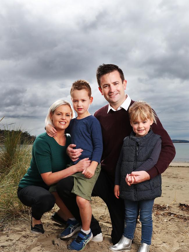 Dean with wife Allison Winter and children George 5 and Harriet 3 at Kingston Beach. Kingborough Mayor Dean Winter in 2021. Picture: Nikki Davis-Jones