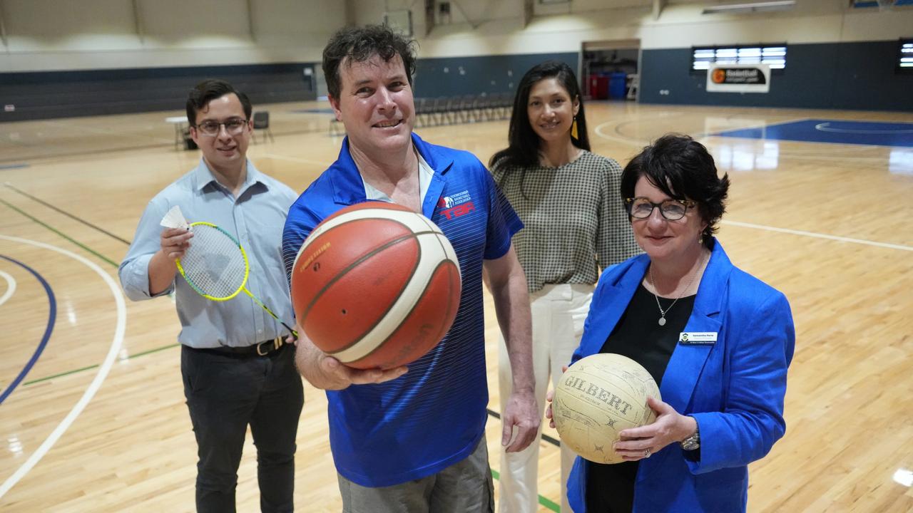 Excited for the expansion of the Clive Berghofer Arena along Herries Street are (from left) St Mary's Old Boys representative Jeremy Cotter, Toowoomba Basketball Association president Jamie Biggar, St Mary's College deputy principal Samantha Parle and Squash Queensland CEO Shantel Netzler.