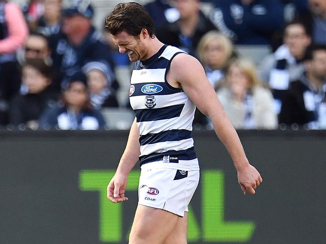 Patrick Dangerfield of the Cats is seen during the Round 17 AFL match between the Geelong Cats and the Hawthorn Hawks at the MCG in Melbourne, Saturday, July 15, 2017. (AAP Image/Julian Smith) NO ARCHIVING, EDITORIAL USE ONLY