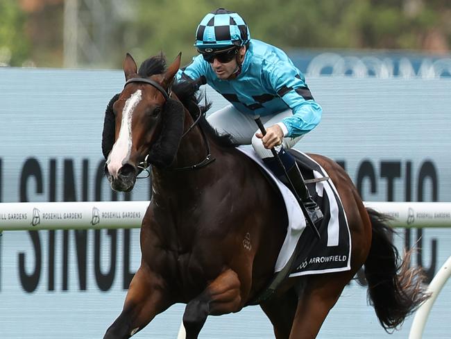 SYDNEY, AUSTRALIA - FEBRUARY 01: Tyler Schiller riding Blitzburg win Race 3 Arrowfield Canonbury Stakes during Sydney Racing at Rosehill Gardens on February 01, 2025 in Sydney, Australia. (Photo by Jeremy Ng/Getty Images)