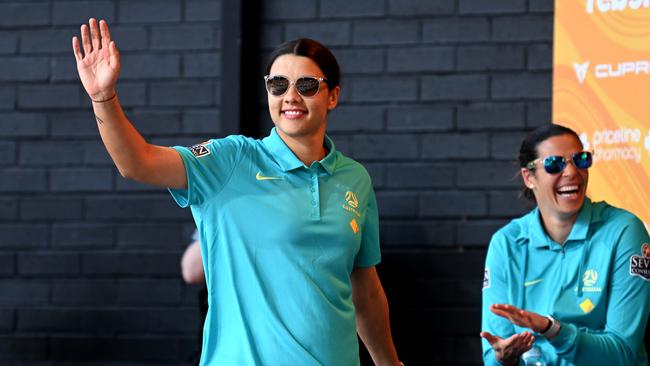 Matildas player Sam Kerr waves to fans as they gather to show their support at a community reception event in Brisbane. Picture: Dan Peled / NewsWire