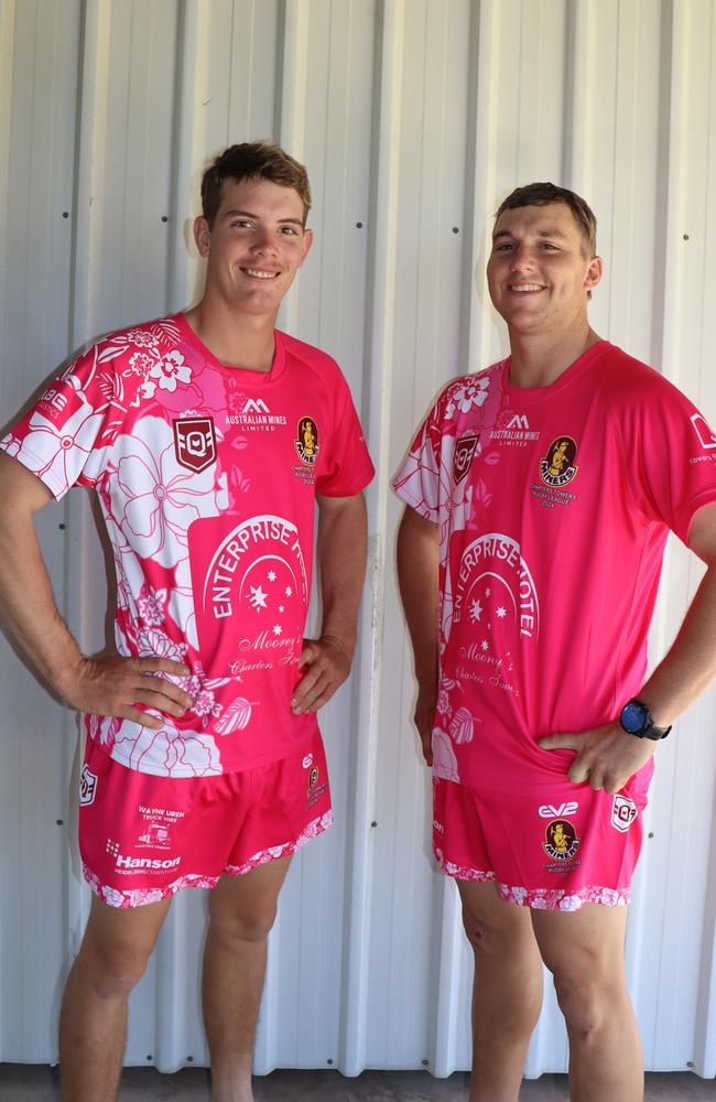 Charters Towers Miners players Campbell Burton (L) and Harry McQueen (R) model the club's 2024 Ladies Day jerseys. Picture: Charters Towers Miners