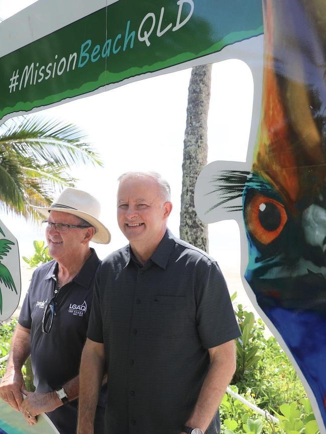 Anthony Albanese at Mission Beach with Cassowary Coast Regional Council mayor Mark Nolan. Picture: Instagram