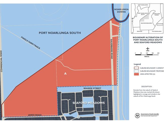 A map of the new area (in red) to be known as Sunset Port Noarlunga South, which residents want to remain in Seaford Meadows. Photograph: State Government