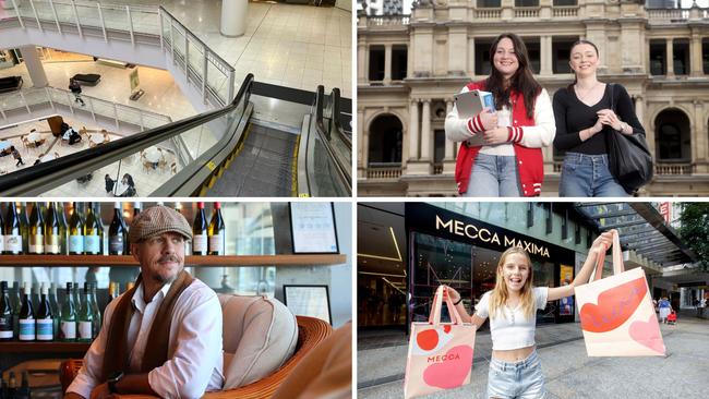 (Clockwise from top left) Uptown has been quiet since Myer left; Griffith University will turn the old Treasury building into a new campus; retail is still in the doldrums and Andrew Baturo is confident about the inner-city hospitality scene.