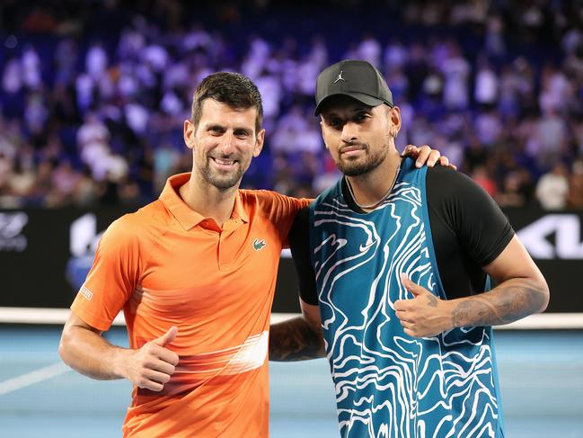 MELBOURNE, JANUARY 13, 2023: Nick Kyrgios and Novak Djokovic meet on Rod Laver Arena for the Arena Showdown, the finale of the Australian OpenÃs Perfect Practice series. Picture: Mark Stewart