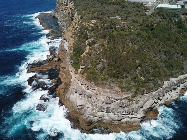 Blue Fish Point at North Head where witnesses reported seeing a young male tourist fall onto rocks, knocked unconscious and then washed out to sea. Picture: Manly Daily