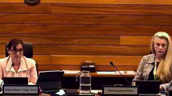 Redland City Council deputy mayor Julie Talty, left, took over chairing the meeting while the mayor left the room so the matter could be debated. Picture: Online meeting