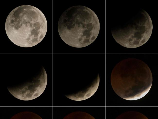 Transitions of "blood moon" eclipse as seen from Jakarta. Picture: AFP