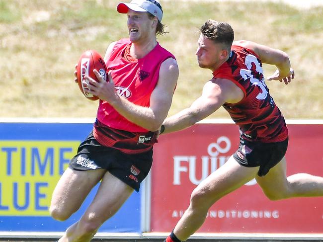 Aaron Francis and Jayden Laverde Essendon Preseason AFL football training. Picture: Jason Edwards