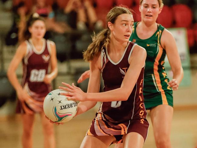 Falcons Emma Noblett in the Darwin Netball semi-final with  Pints v Tracy Village. Picture GLENN CAMPBELL