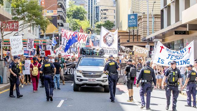 The Freedom Rally in the Brisbane CBD on Saturday. Picture: Richard Walker