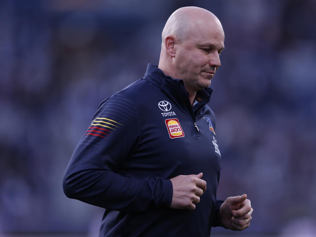 Crows coach Matthew Nicks leaves the ground in Geelong on Saturday. Picture: Darrian Traynor/Getty Images.