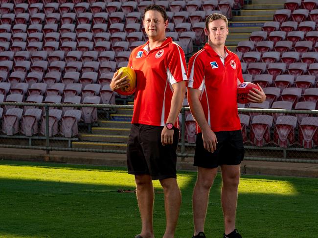 NTFL magazine shoot: Waratah Premier League  coach Ryan Ayres with defender Nick Gooch. Picture: Che Chorley