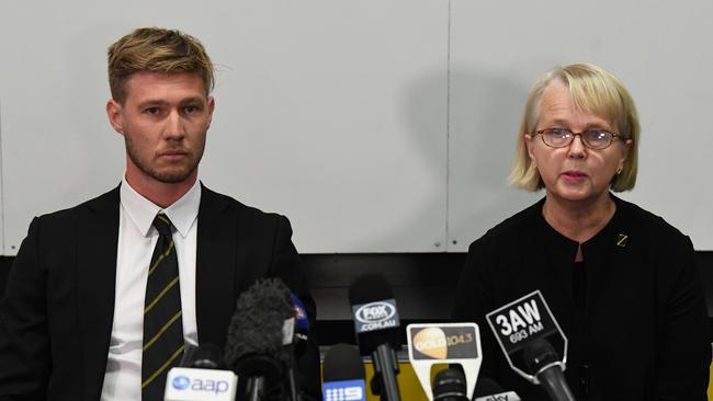 Nathan Broad addresses the media alongside Peggy O'Neal, President of the Richmond Football Club. Picture: James Ross, AAP Image.