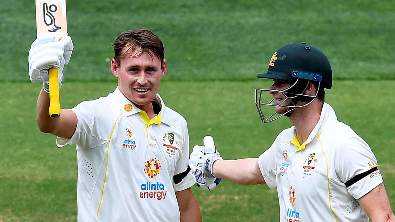 Australia's batsman Marnus Labuschagne celebrates reaching his century. Photo by William WEST / AFP