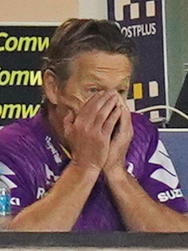 Storm coach Craig Bellamy shows the strain of a tough night. Picture: AAP