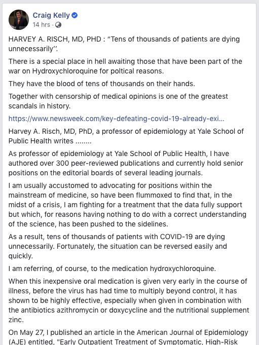 One of Craig Kelly’s deleted posts. Picture: Facebook