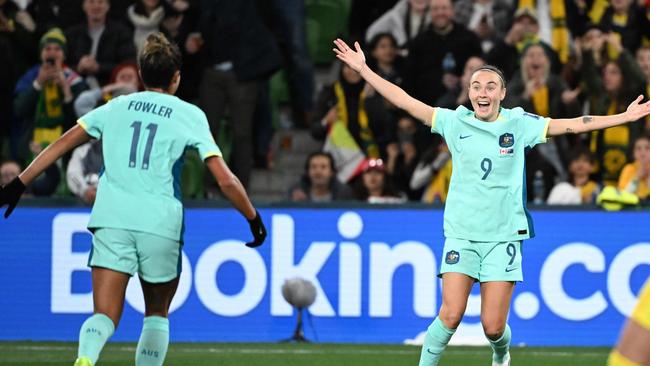 Caitlin Foord (right) and Mary Fowler combined for the Matildas’ third goal, which effectively sealed the game early in the second half. Picture: William West / AFP