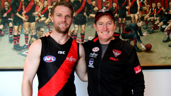 Jake Stringer with Bombers coach John Worsfold after his trade. Picture: essendonfc.com.au