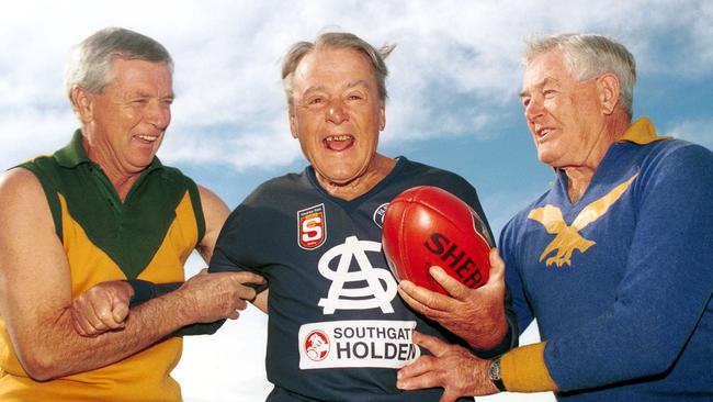 Jim Deane, middle, with fellow SANFL stars Bob Simunsen, left, and Bob Hank, right, in 2001.