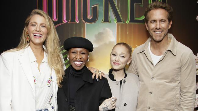 Blake Lively and husband Ryan Reynolds with Cynthia Erivo and Ariana Grande at a special screening of WICKED in New York on December 3. Picture: Santiago Felipe / Getty