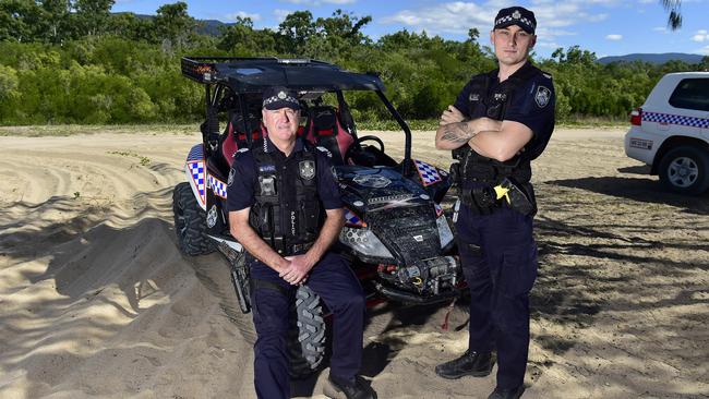 Rollingstone police Officer in Charge Tony Jacobs and constable Stehpen Byrnes. Rollingstone police have issued a stern warning to campers after community concerns regarding hooning and anti-social behaviour at Toomulla Beach and Clement Forest National Park. PICTURE: MATT TAYLOR.