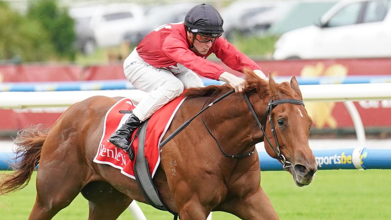 Palm Angel, ridden by Ethan Brown, wins the Merson Cooper Stakes at Caulfield in fine style. Picture: Scott Barbour / Racing Photos