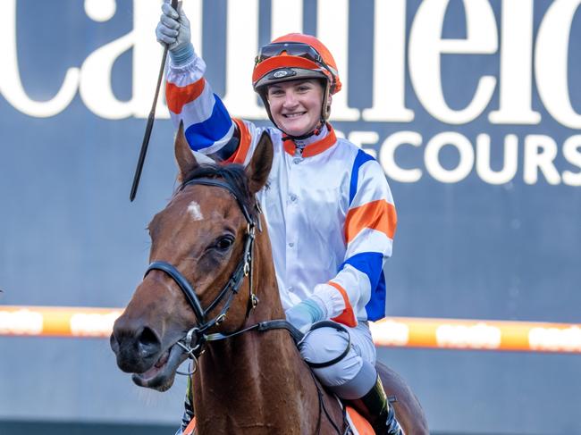 Jamie Kah celebrates her 100th Metropolitan win for the the season on Deep Speed in the  Neds Filter Form Handicap  at Caulfield Racecourse on July 10, 2021 in Caulfield, Australia. (Jay Town/Racing Photos via Getty Images)