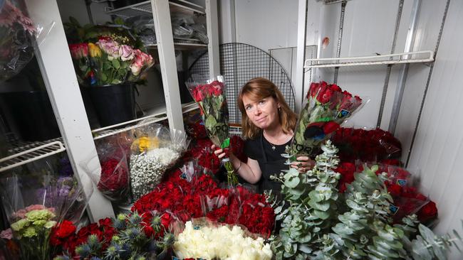 Shelly Paxton, a florist affected by the lockdown, with all her flowers at Whittlesea Flowers and Bears, in Whittlesea. Picture: Alex Coppel.