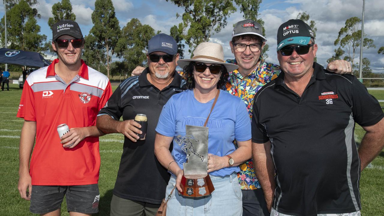 (From left) Bill Jocumsen, Adam Prentice, Kerri Prentice, Geoff McDonald and Shayne Moore at the Arthur Postle Gift in Pittsworth. Saturday 18th January, 2025. Picture: Nev Madsen.