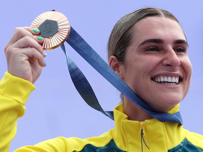 PARIS, FRANCE - JULY 31: Bronze medalist Natalya Diehm of Team Australia poses on the podium during the BMX Freestyle Women's Park Final on day five of the Olympic Games Paris 2024 at Place de la Concorde on July 31, 2024 in Paris, France. (Photo by Alex Broadway/Getty Images)