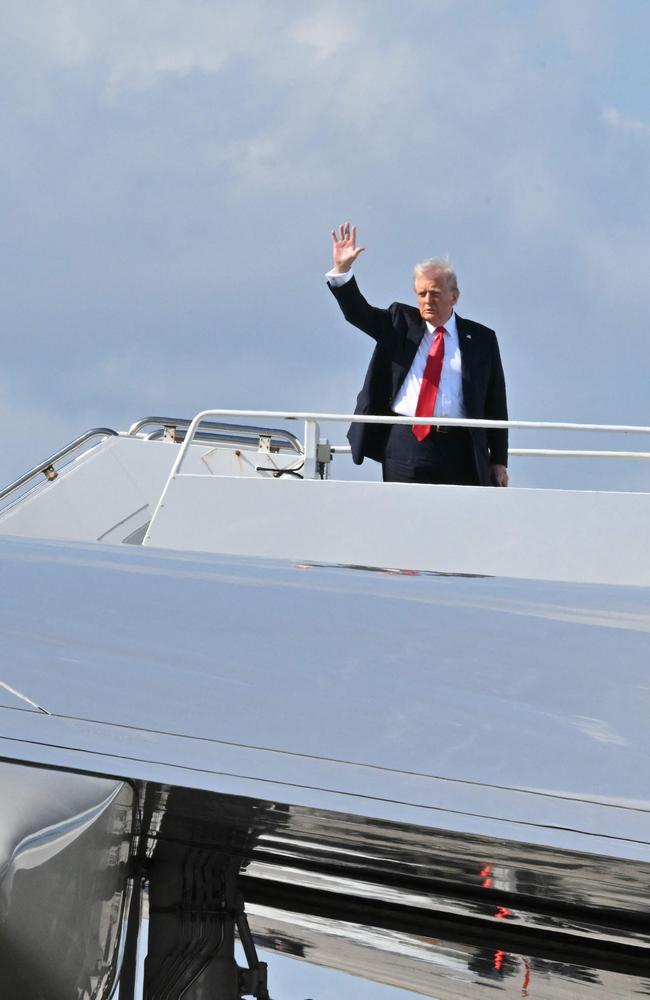 US President Donald Trump boards Air Force One at Palm Beach International Airport to head to New Orleans to attend Super Bowl LIX. Picture: AFP