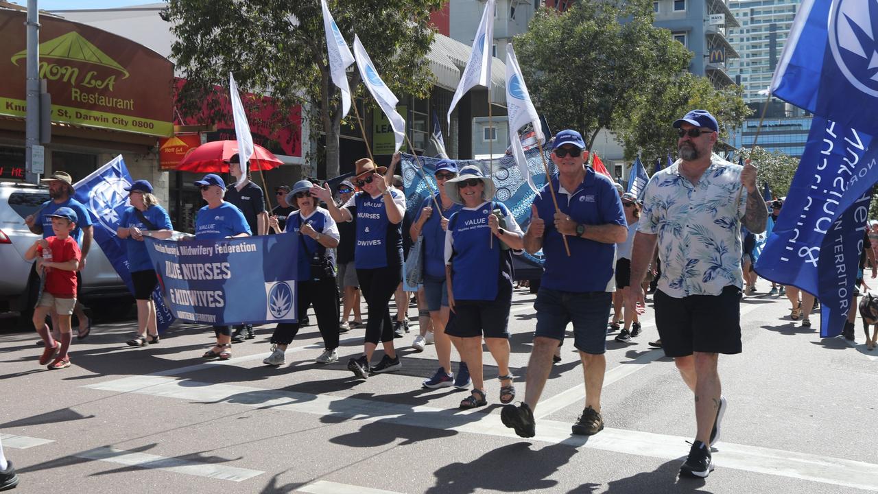 Australian Nursing and Midwifery Federation members marched through Darwin for the annual May Day march, celebrating union victories including the eight-hour work week, on Monday, May 5. Picture: Zizi Averill