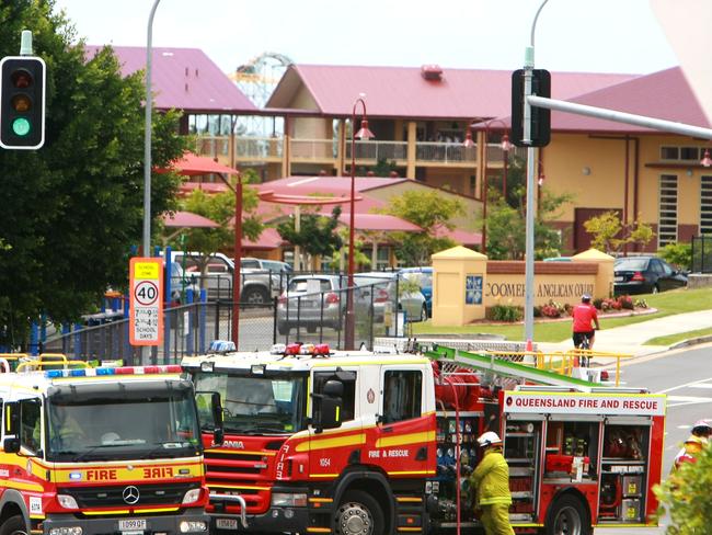 A gas leak on a development site opposite Assisi College, Upper Coomera saw students in lock down while fire brigade personnel hosed down the leak until it was stopped. Coomera Anglican College in background