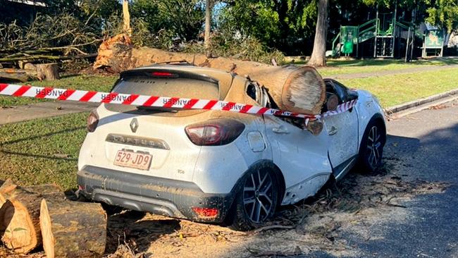 A large tree has come down on a car in Katherine Street, Wilston after yesterday's late afternoon storm Picture Facebook