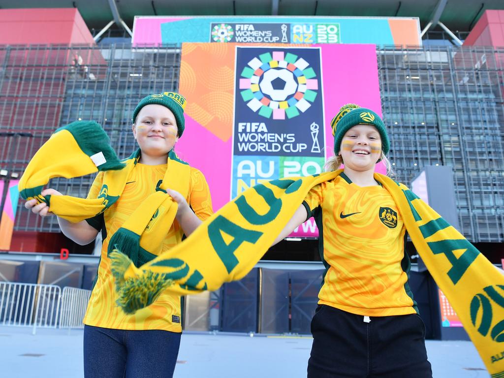 Kaylee, 10, and Hollie Valzan, 8, ahead of the FIFA Women’s World Cup at Brisbane Stadium. Picture: Patrick Woods