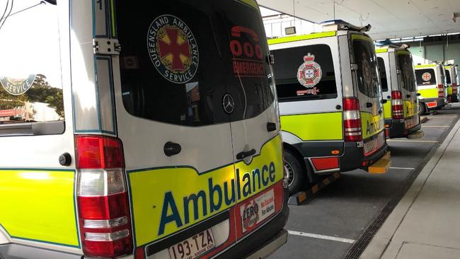 Ambulances parked at the Gold Coast University Hospital on October 14, 2019 - as the ramping issue become a problem again.