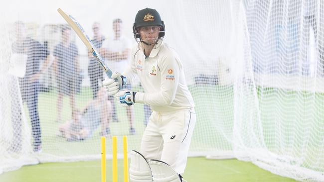 Steve Smith faces a bowling machine at a sponsors event in Brisbane before the first Test Picture: Lachie Millard