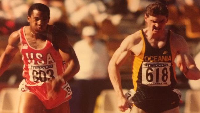 Gerrard Keating, racing alongside America's Kirk Baptiste, at the World Cup in Canberra in 1985. It was in this race that Keating first set the Australian record, finishing in a time of 10.22 secs to finish fourth. Picture: Contributed.