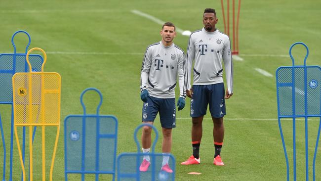 Bayern Munich defenders Lucas Hernandez (left) and Jerome Boateng train earlier this week. Picture: AFP