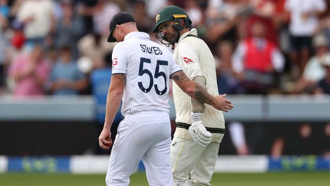 Ben Stokes congratulates Nathan Lyon as he walks off. (Photo by Ryan Pierse/Getty Images)