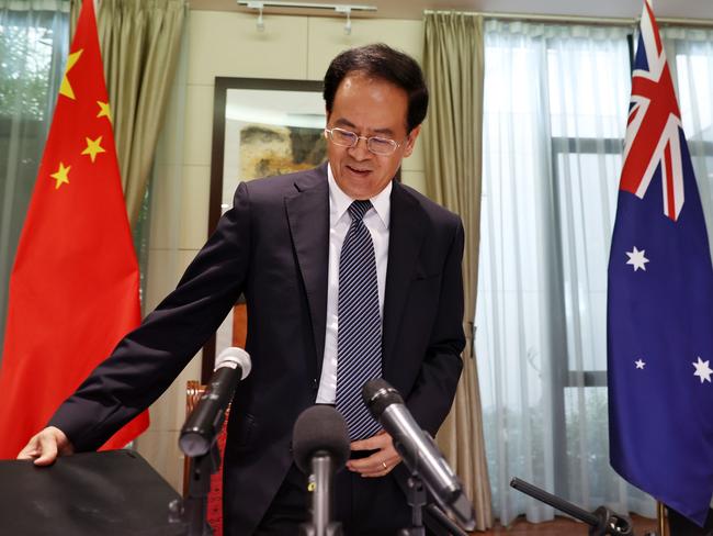 Chinese ambassador Cheng Jingye took part in the surreal press conference on Wednesday. Picture: NCA NewsWire/Gary Ramage