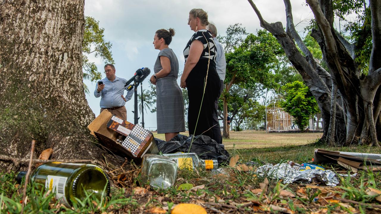 Empty alcohol bottles left at Bundilla Beach set the backdrop for the government’s press conference announcing a crack down on public drinking. Picture: Pema Tamang Pakhrin