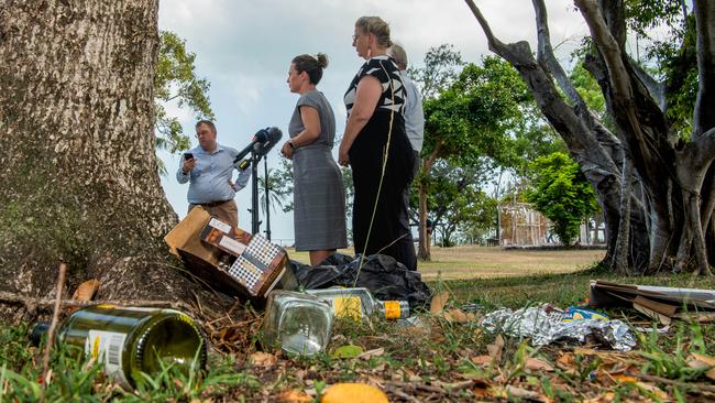 Empty alcohol bottles left at Bundilla Beach set the backdrop for the government’s press conference announcing a crack down on public drinking. Picture: Pema Tamang Pakhrin