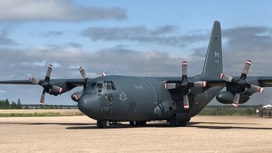 A Royal Canadian air force CC-130H Hercules and personnel arrive in Gillam to assist with the aerial search. Source: Twitter