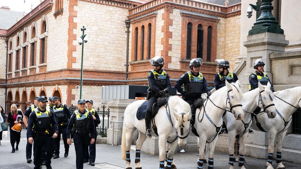 There was an increased police presence at the rally following Wednesday’s abseiling stunt. Picture: NCA NewsWire / Morgan Sette