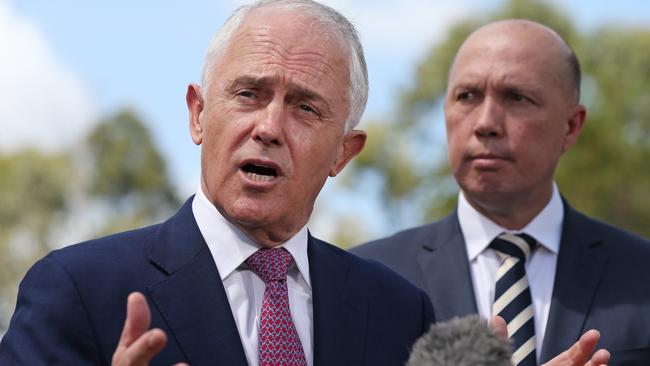 Prime Minister Malcolm Turnbull with Home Affairs Minister Peter Dutton. Picture: Lyndon Mechielsen.