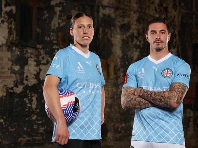 Melbourne City pair Rebekah Stott (left) and Jamie Maclaren are ready for the women’s and men’s A-League seasons. Picture: Mark Metcalfe/Getty Images